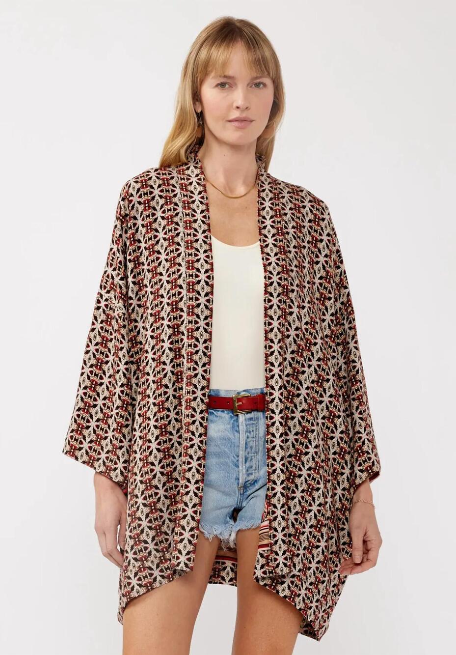 NEW LOVESTITCH reversible open front boho floral kimono in natural/wine